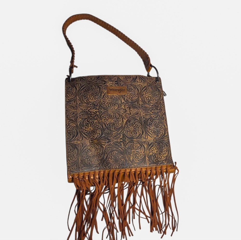 Wrangler Tooled Floral Fringe Crossbody Bag Brown Western Boho Cowgirl NWOT